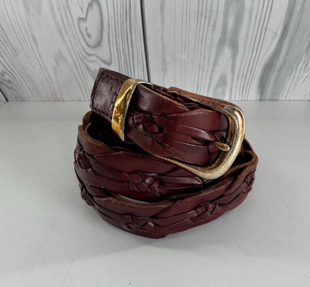 Fossil Woven Braided Belt Brown Leather Brass Size 32 VTG